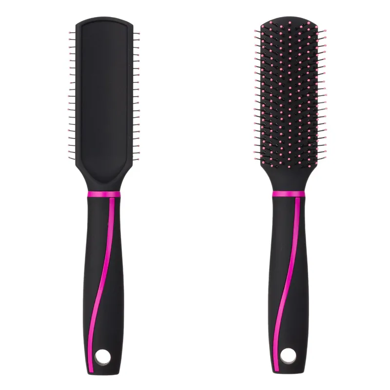 Perie de păr plată neagră cu dungi fucsia din plastic