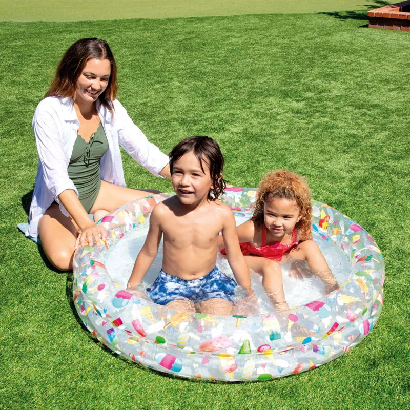 Piscina gonflabila pentru copii cu model Flamingo Fructe, Ø1.22m x 25cm, 2 inele, cu petic de reparare