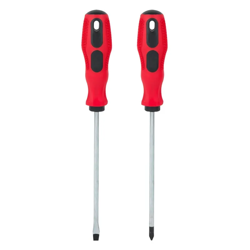 Set 2 Șurubelnițe cu Mâner de Cauciuc, Cap Stea și Drept, 21 cm, Roșu