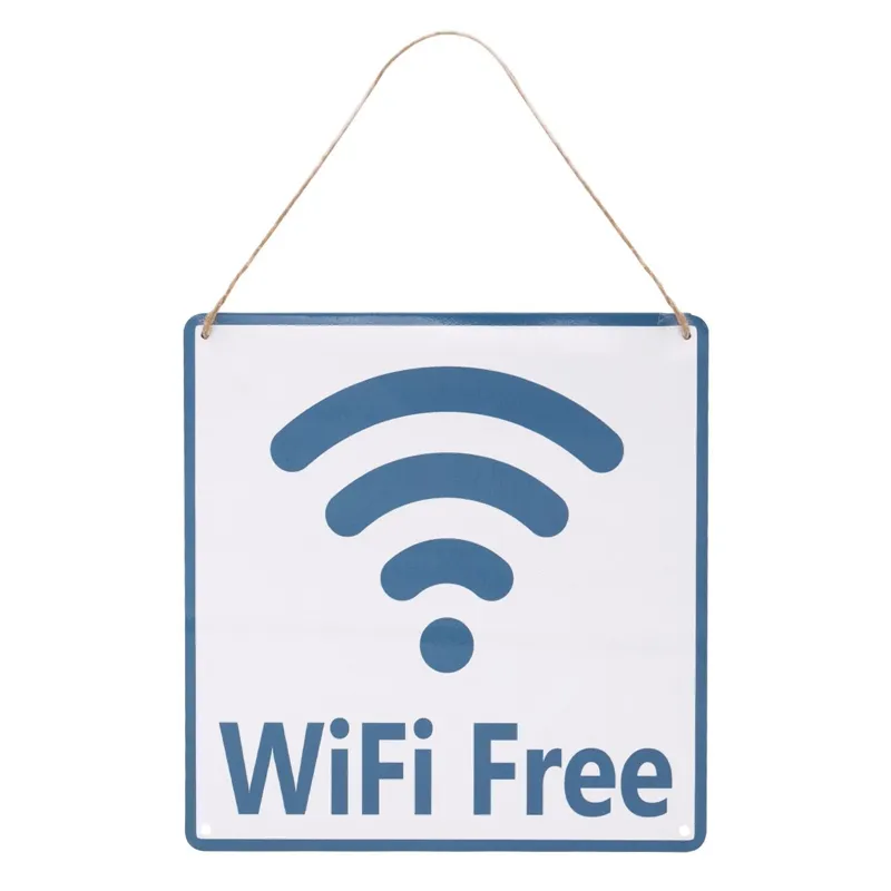 Tablita decorativa metalica cu mesaj WiFi Free, 20x20 cm, albastra si alba
