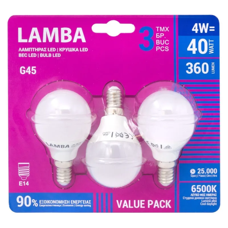 Set 3 becuri LED E14, G45, 4W, lumină albă rece 6500K