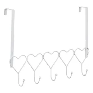 Cuier pentru ușă, metalic, formă de inimă, 5 cârlige, 41 cm, alb