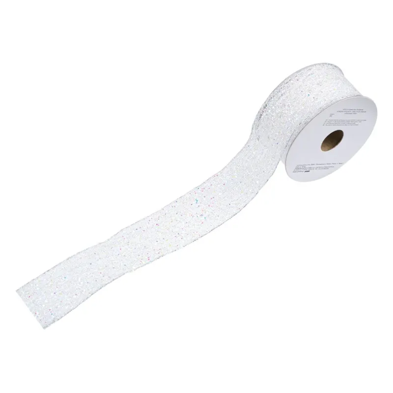 Panglică decorativă pentru brad de Crăciun, plasă albă irizată cu sârmă, 5m x 38mm