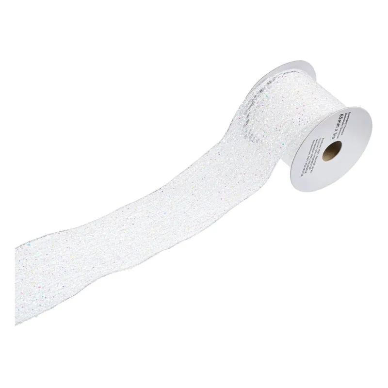 Panglică decorativă pentru brad de Crăciun, plasă albă irizată, cu sârmă, 5m x 63mm