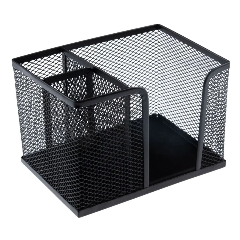 Suport pentru Notițe și Pixuri cu 2 Compartimente din Sârmă Neagră 14.5x10x10cm
