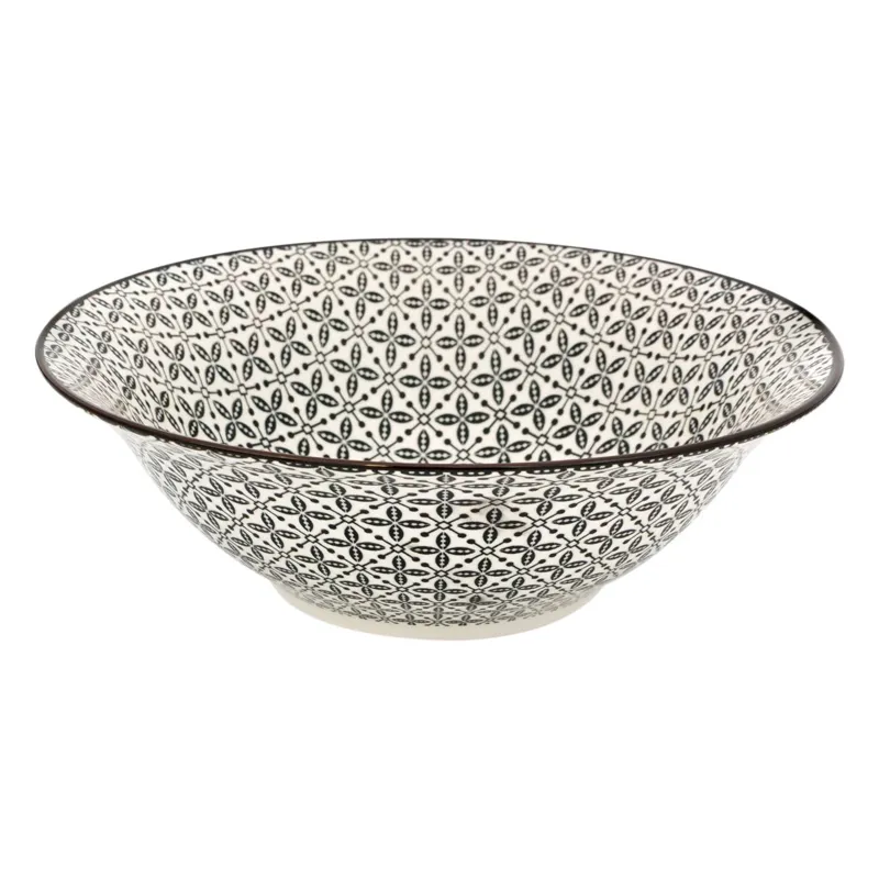 Salatiera din portelan bej cu model geometric negru