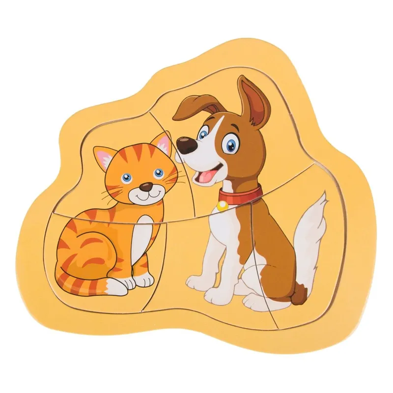 Puzzle din lemn cu pisică și câine, joc educativ pentru copii