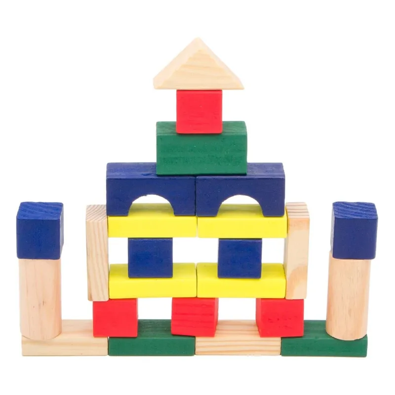 Caramizi de constructie din lemn, set 50 bucăți, multicolore