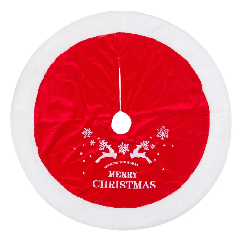 Fusta pentru brad de Craciun, catifelata, rosie, cu imprimeu Merry Christmas si imitatie de blana alba, diametru 90 cm