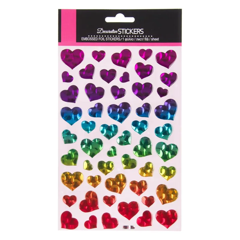Autocolante Inimi Colorate cu Efect Cristal, Set de 51 bucăți