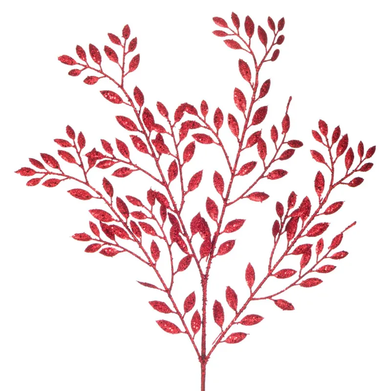 Ramură Decorativă de Crăciun cu Frunze Glitter Roșii 55cm