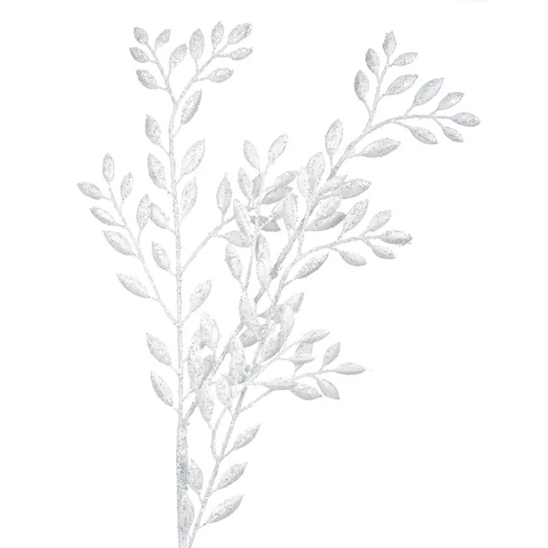 Ramură Decorativă Crăciun Frunze Albe cu Glitter 55cm