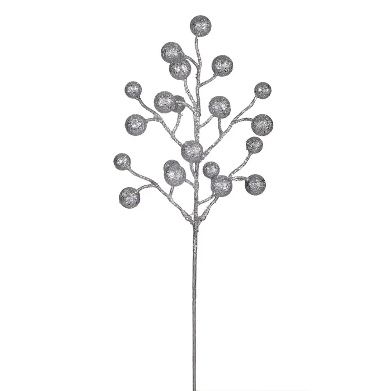 Ramură Decorativă de Crăciun cu Fructe Glitter Argintiu, 43 cm