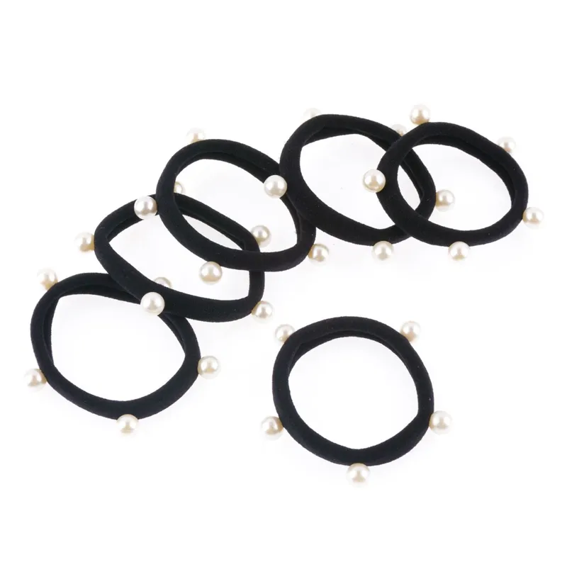 Set 6 elastice de par frotte negre cu margele albe pentru coafuri