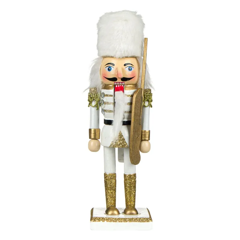 Soldat din Lemn Decorativ de Craciun, Uniforma Alba cu Detalii Aurii, 20cm