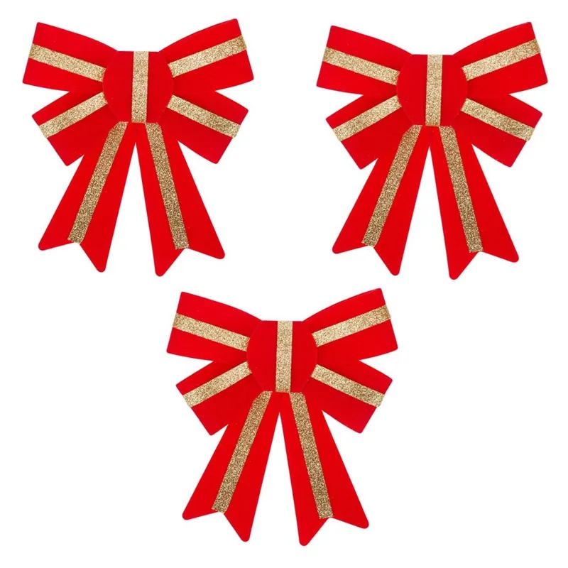 Set Fundite Decorative Crăciun Catifelate Roșii cu Dunga Aurie