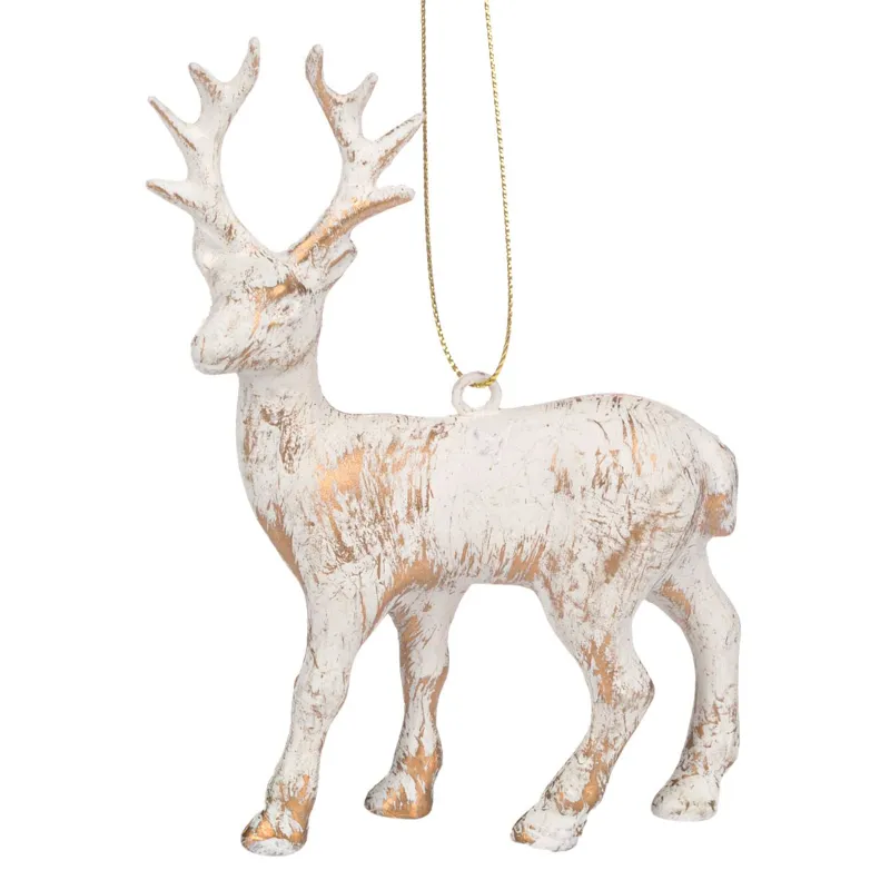 Ornament Cerb Alb Auriu pentru Brad de Crăciun, 13cm din plastic