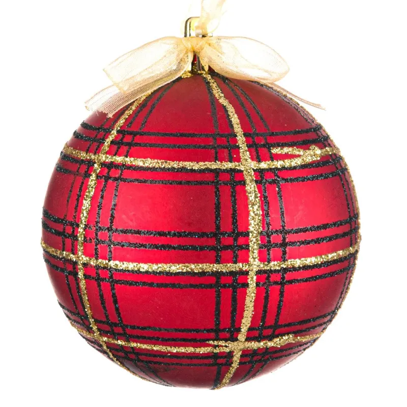 Ornament de Crăciun Glob Carouri Roșu Negru Auriu Diametru 8cm