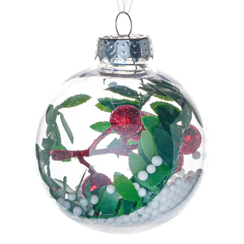 Glob Brad de Crăciun Transparent cu Frunze Verzi și Bile Roșii Glitter 8cm