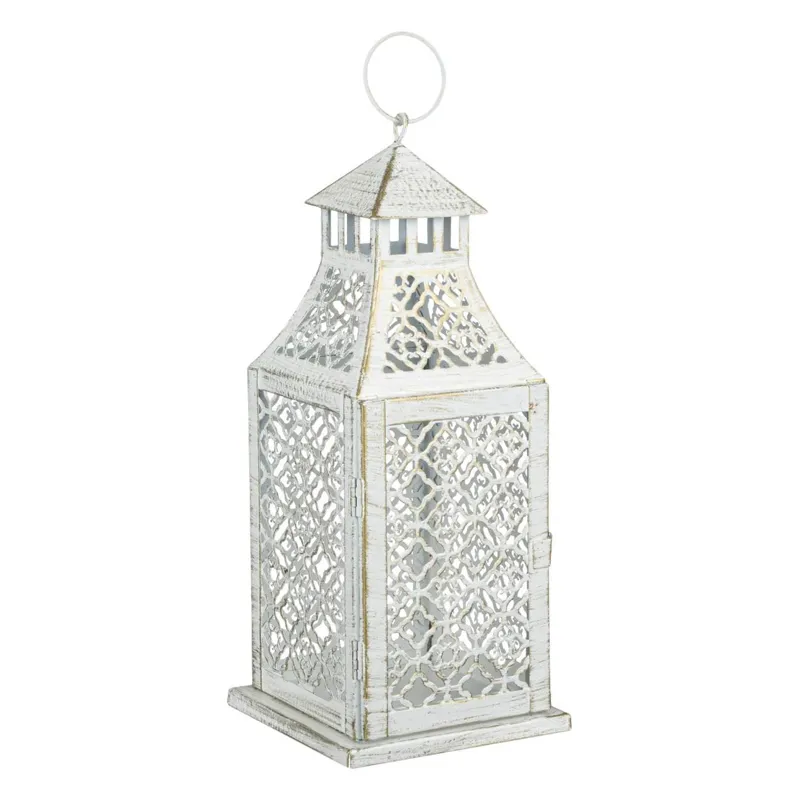 Felinar decorativ metalic suspendat, model perforat, 12.5x12.5x31cm, alb