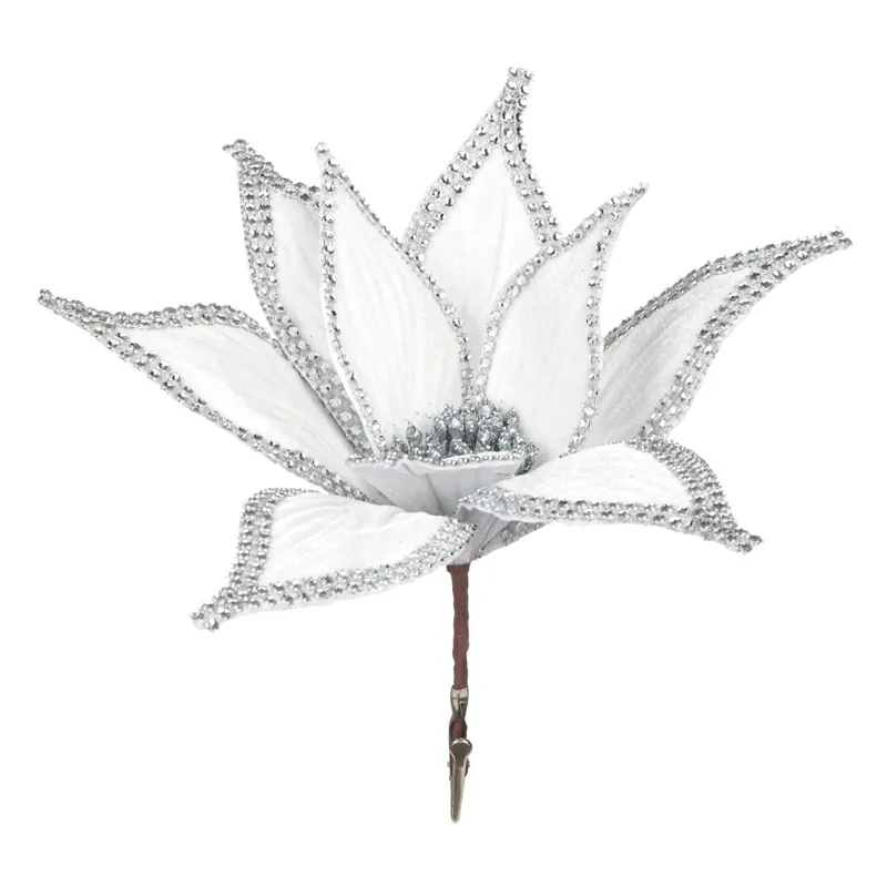 Flori Decorative de Crăciun Albe cu Strase Argintii