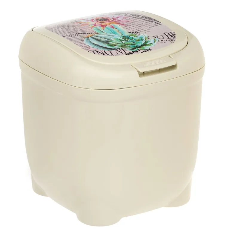 Cos de Gunoi din Plastic Bej cu Model Frunze, 4L, cu Capac cu Deschidere prin Buton