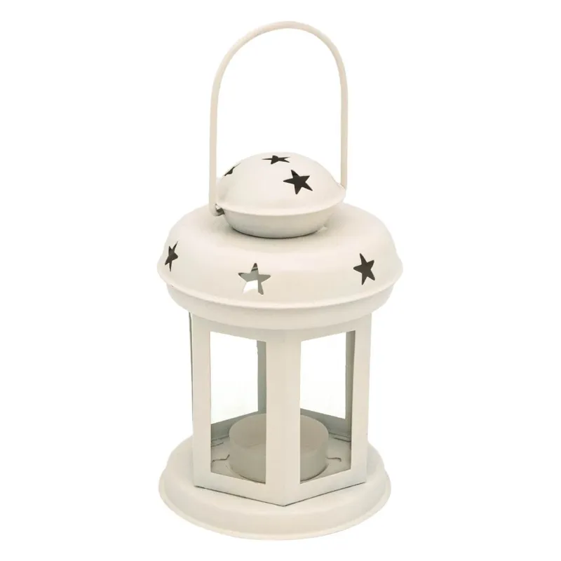 Felinar decorativ metalic, Off White, cu model de stele, Ø10x15.5cm