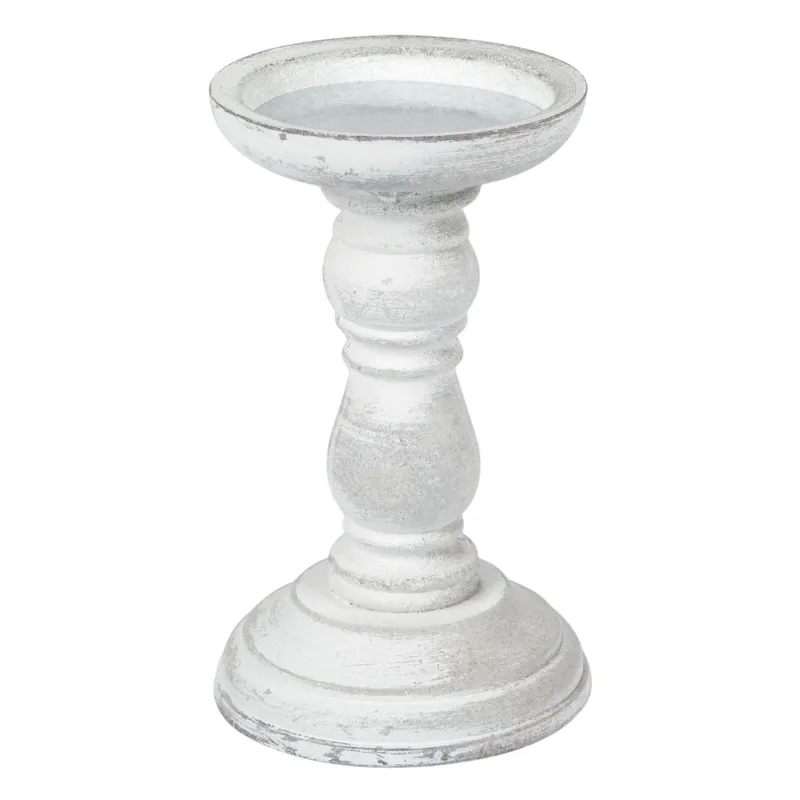 Vas decorativ din lemn alb pentru lumanare cu gat sculptat