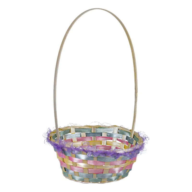 Cos Decorativ de Paste cu Maner din Bambus, Multicolor cu Tul Lila, Ø21x38cm