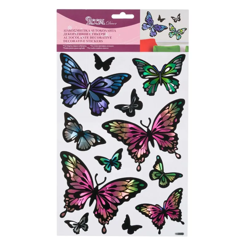 Autocolante decorative cu fluturi irizați, multicolori, 21x37 cm