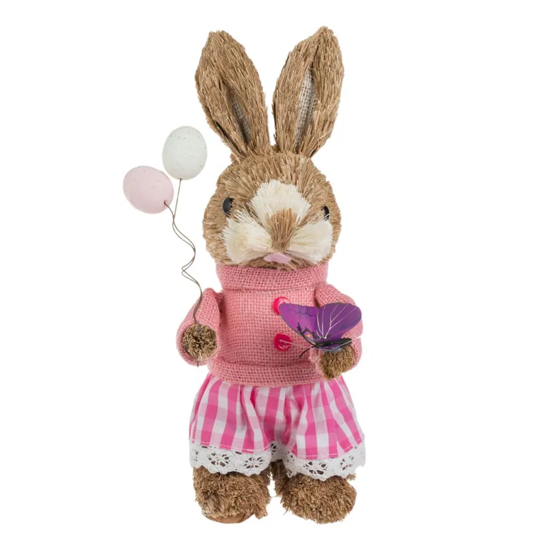Iepure decorativ de Paște din iarbă, roz, 28 cm