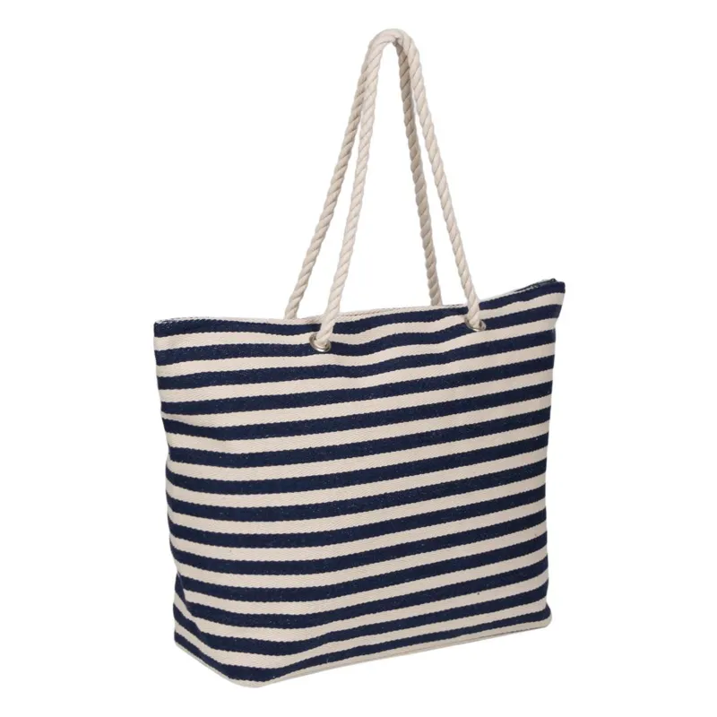 Portfard cu dungi bleu bej si pompon bleu, 32x22 cm
