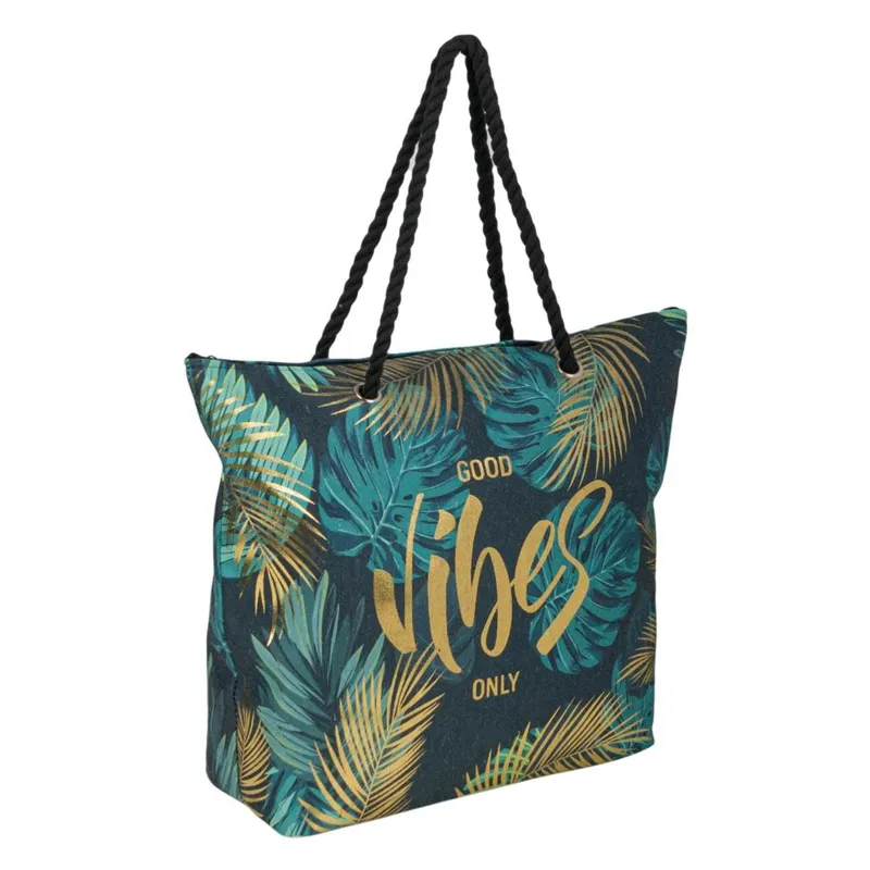 Geantă de plajă verde cu model tropical și folie aurie, 32x22 cm