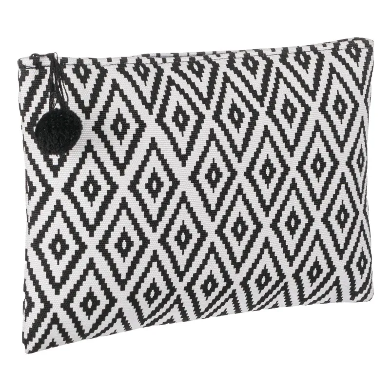 Geanta Alba Neagra Model Aztec Pompon Negru pentru Plaja 42x15x43cm