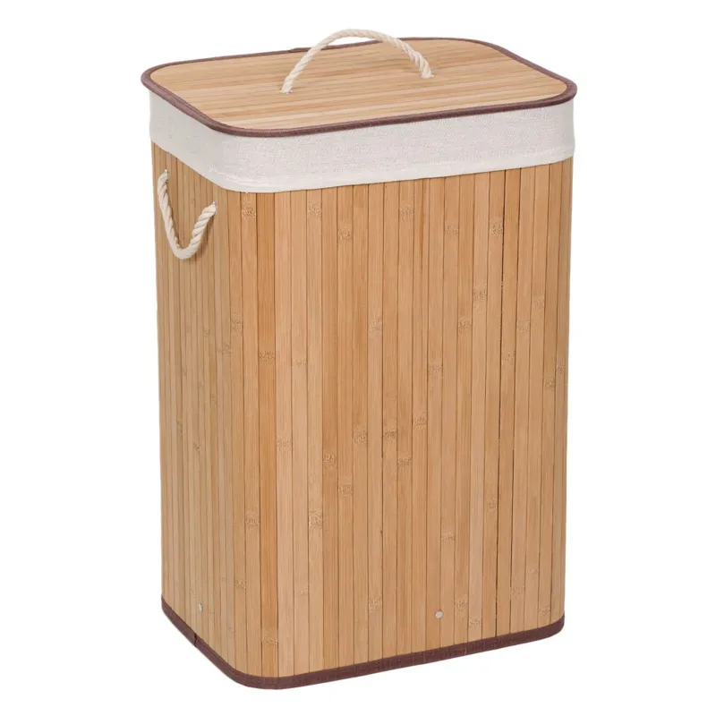 Cos din Bambus Natural cu Capac pentru Rufe, 72L, 40x30x60 cm
