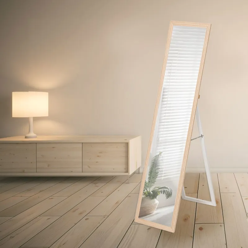 Oglinda de podea bej din lemn cu suport, 156x36 cm – poza 3