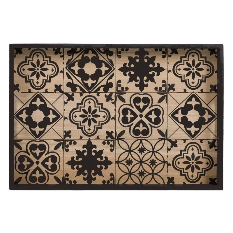 Tava pentru servit din lemn cu modele negre, 41x28x3.5 cm
