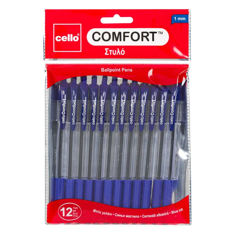 Set 12 Pixuri Ballpoint Comfort cu Grip, Corp Transparent, Cerneală Albastră 1.0