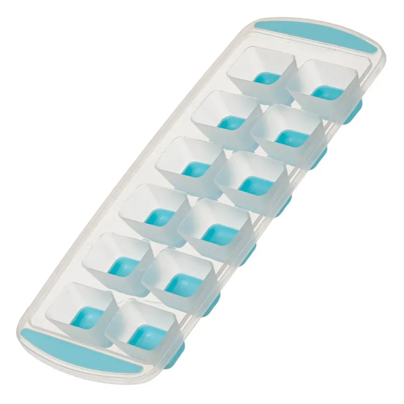 Cutie pentru cuburi de gheata, 12 locuri, Plastic Transparent Turcoaz, cu Compartimente din Silicon