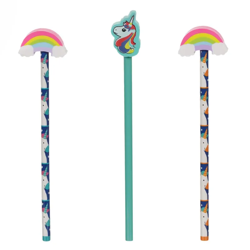 Creioane cu radiera topper curcubeu si unicorn, Set 3 buc, Multicolor
