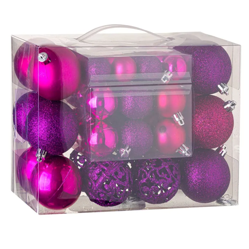 Set Globuri Crăciun Fucsia 3 Dimensiuni Plastic 50 Bucăți