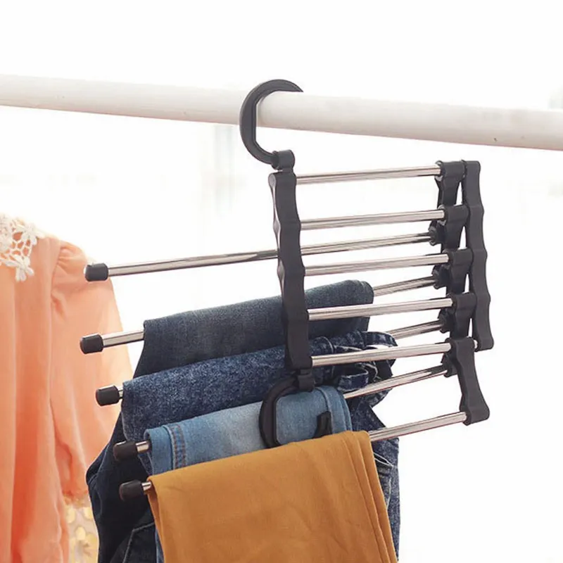 Umeraș pentru pantaloni, 5 spații, metal și plastic, argintiu și negru – poza 3