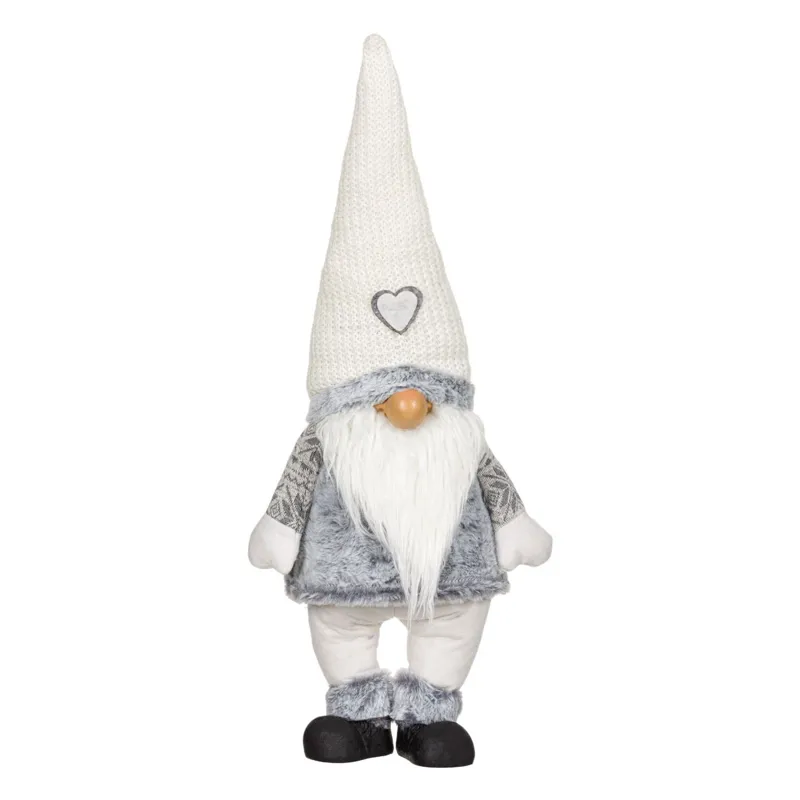 Figura Decorativă Gnome de Crăciun, Pulover Gri și Căciulă Albă, 70 cm
