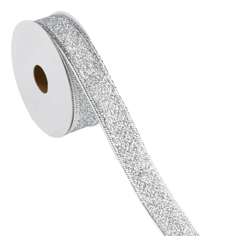 Panglica pentru brad de Craciun, Glitter Argintiu, 5m x 22mm