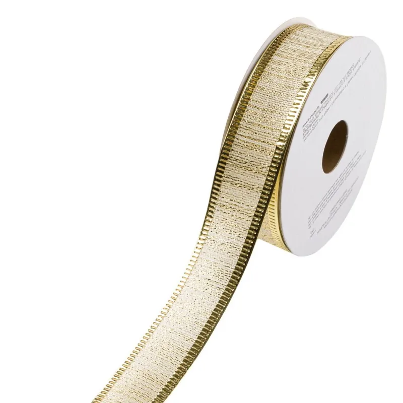 Panglică decorativă pentru brad, 5m x 22mm, Ecru cu fir auriu