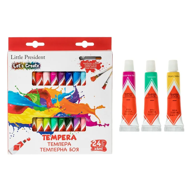 Set Culori Tempera cu Pensulă, 25 tuburi a 6 ml, Multicolor