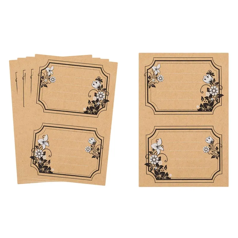 Etichete adezive kraft bej cu model floral 9.2x7cm - 10 bucăți