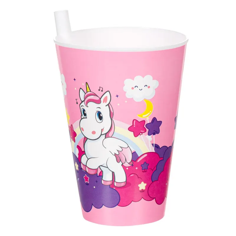 Pahar din plastic unicorn pentru copii cu pai