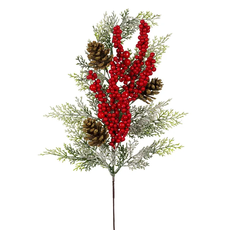 Ramură Decorativă de Brad pentru Crăciun cu Conuri și Pomușoare Glitter Auriu
