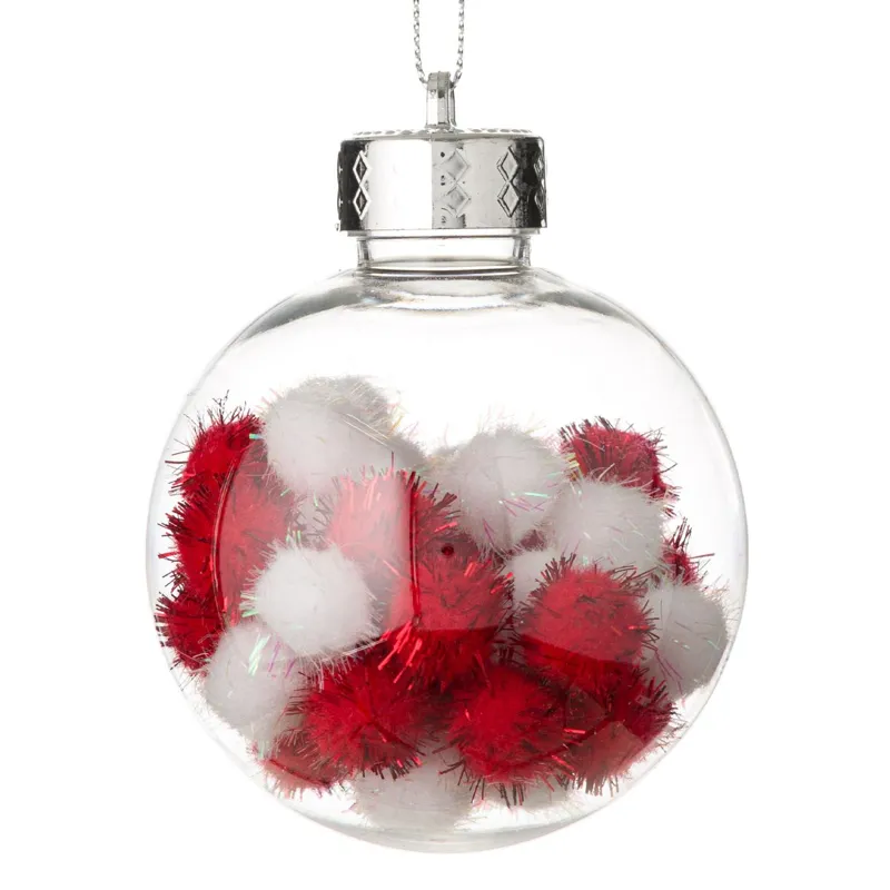 Glob Crăciun Transparent Pompon Alb și Roșu Diametru 8cm